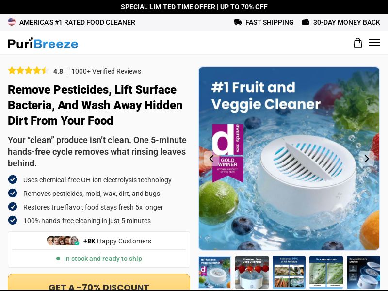! HOT OFFER - PuriBreeze Produce Cleaner - Product Page [INTL] (Social,Banner,Native,Push,SEO,Search,Brand Bidding) - CPA
