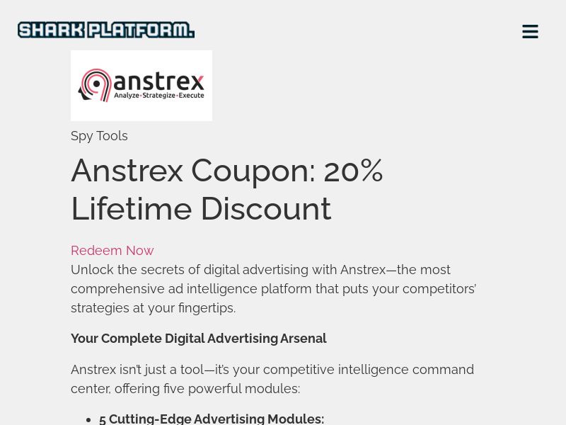 Anstrex Coupon: 20% Lifetime Discount