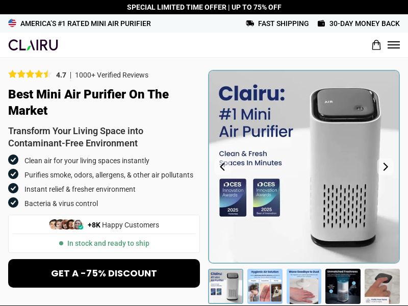 ! NEW OFFER - Clairu Mini Air Purifier - Product Page [INTL] (Social,Banner,Native,Push,SEO,Search,Brand Bidding) - CPA