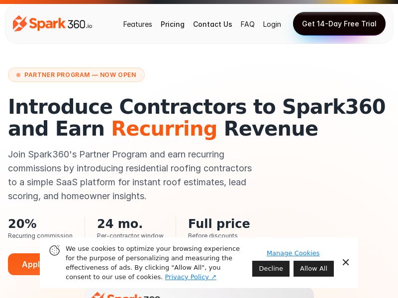 Spark360 - Lead Generation Platform for Roofing Contractors - Monthly Recurring 20% Revenue Share [US]