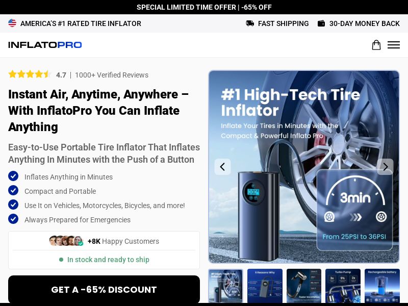 InflatoPro Tire Inflator - Product page [INTL] (Social,Banner,Native,Push,SEO,Search,Brand Bidding) - CPA