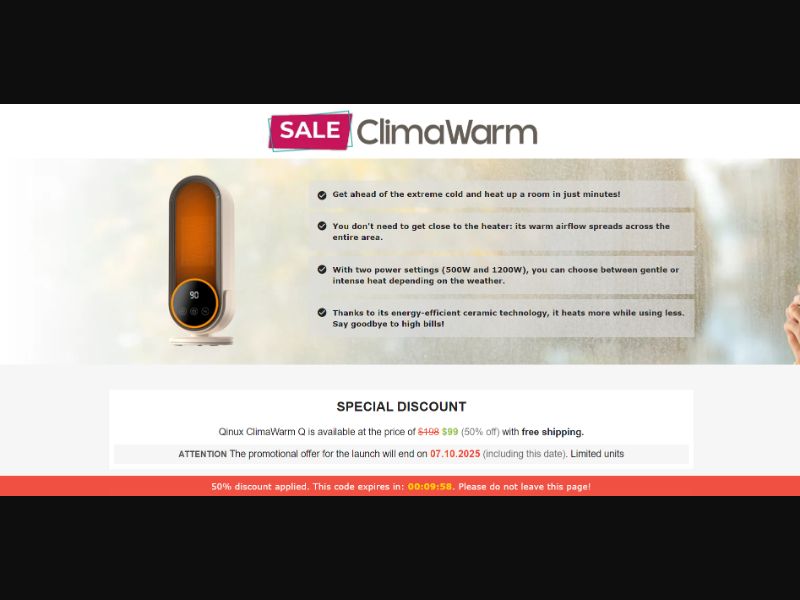 [WEB+MOB] Qinux ClimaWarm Q – Bladeless Portable Heater /International (30 GEOs) CPS *FB/TT/Google/Taboola Pixel* [Approval Required]
