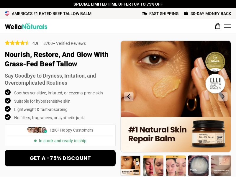 ! NEW OFFER - WellaNaturals Beef Tallow Balm - Product Page [INTL] (Social,Banner,Native,Push,SEO,Search,Brand Bidding) - CPA