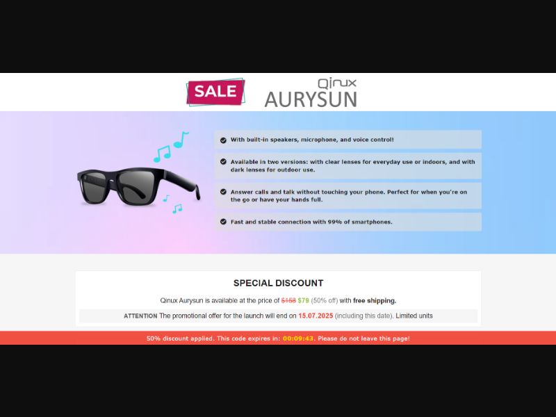 [WEB+MOB] Qinux Aurysun – Smart Glasses /International (112 GEOs) CPS *FB/TT/Google/Taboola Pixel* [Approval Required]