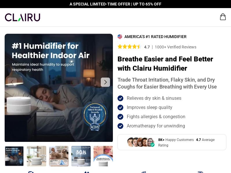Clairu Humidifier - DTC [INTL] (Social,Banner,Native,Push,SEO,Search,Brand Bidding) - CPA 