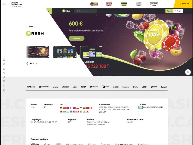 FRESH Casino - CPA Up To 700 EUR, RevShare Up To 60% - PT, PL, DE, BR, CA
