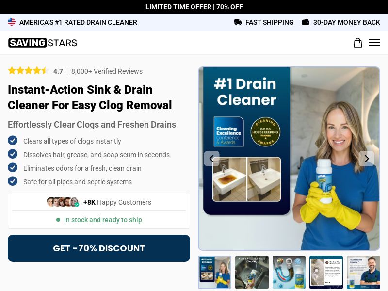 ! NEW OFFER - SavingStars Drain Cleaner - Product Page [INTL] (Social,Banner,Native,Push,SEO,Search,Brand Bidding) - CPA 