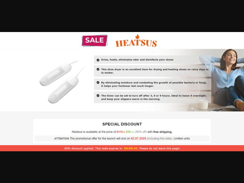 [WEB+MOB] Heatsus – Shoe Dryer /International (112 GEOs) CPS *FB/TT/Google/Taboola Pixel* [Approval Required]