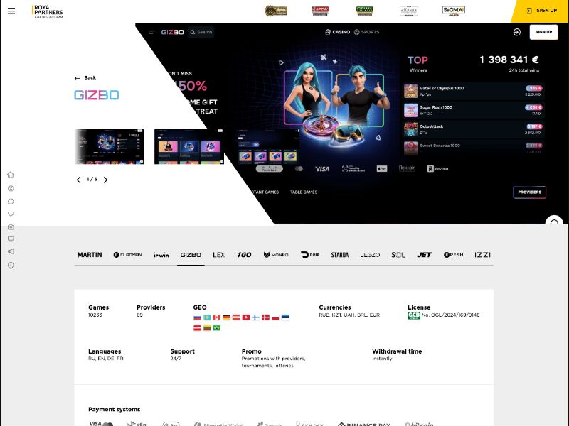 GIZBO Casino - CPA Up To 700 EUR, RevShare Up To 60% - PT, PL, DE, BR, CA