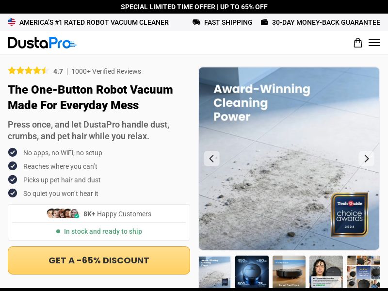 DustaPro Robot Vacuum Cleaner - Product Page [INTL] (Social,Banner,Native,Push,SEO,Search,Brand Bidding) - CPA