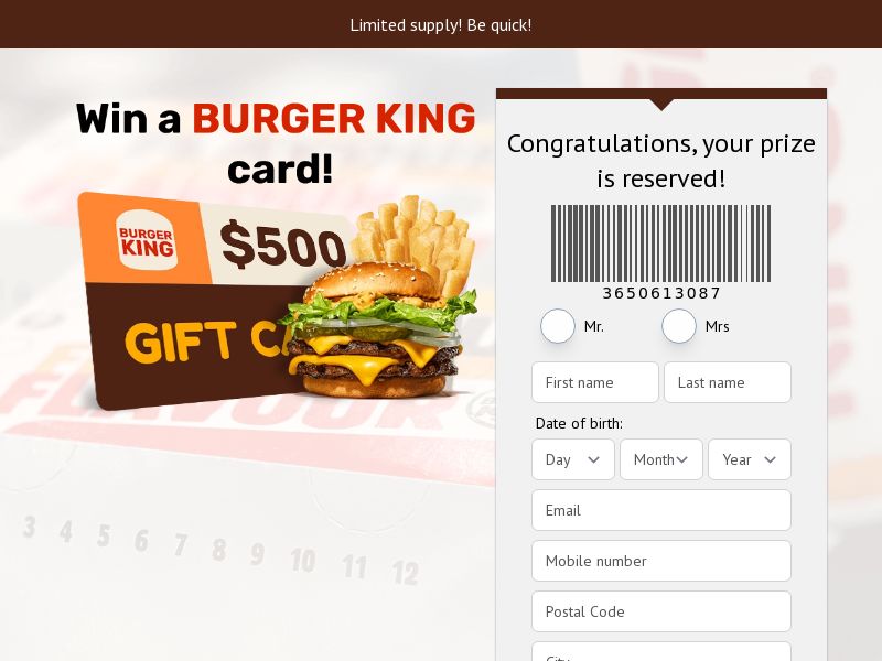 YOUSWEEPS - $100 Burger King Gift Card - SOI (CA)