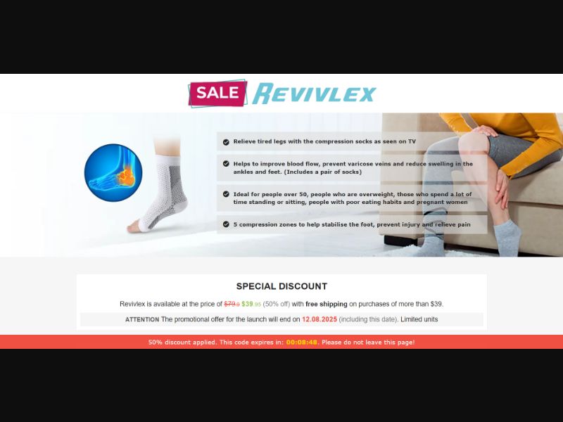 [WEB+MOB] Revivlex – Compression Socks /International (112 GEOs) CPS *FB/TT/Google/Taboola Pixel* [Approval Required]