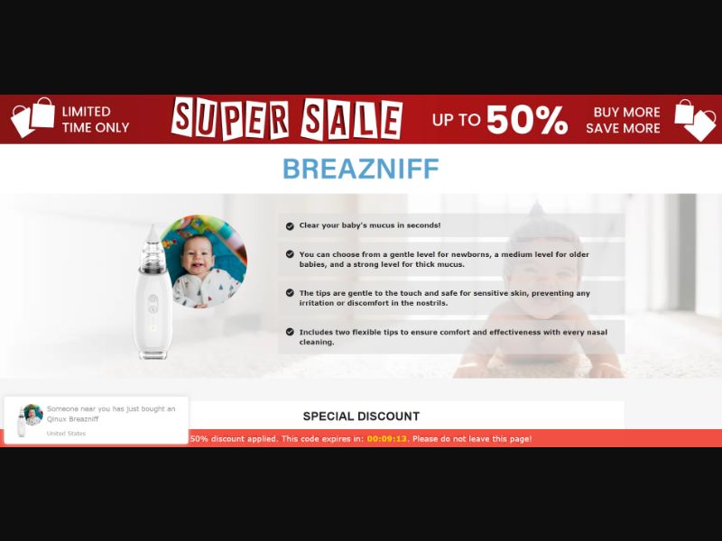 [WEB+MOB] Qinux Breazniff – Nasal Aspirator for Kids /International (112 GEOs) CPS *FB/TT/Google/Taboola Pixel* [Approval Required]