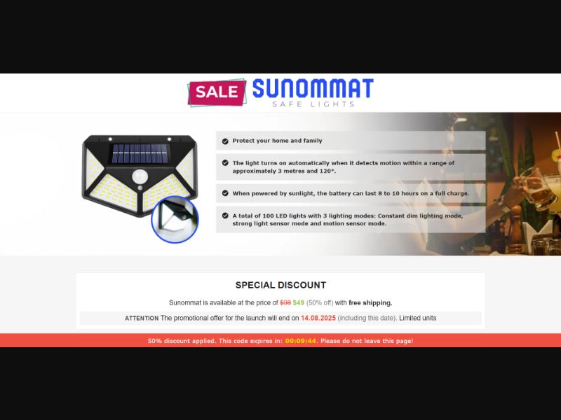 [WEB+MOB] Sunommat – Security Lighting System /International (112 GEOs) CPS *FB/TT/Google/Taboola Pixel* [Approval Required]