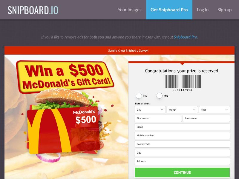 YouSweeps - Mcdonalds $100 Gift Card CA - SOI