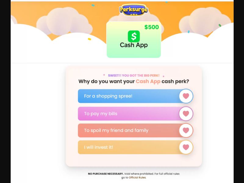 Perksurge Cash app Voucher $500 - Sweeps/Submits and Surveys