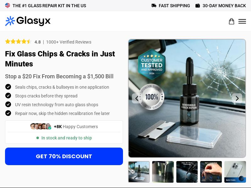 Glasyx Glass Crack Repair Kit - Product Page [INTL] (Social,Banner,Native,Push,SEO,Search,Brand Bidding) - CPA