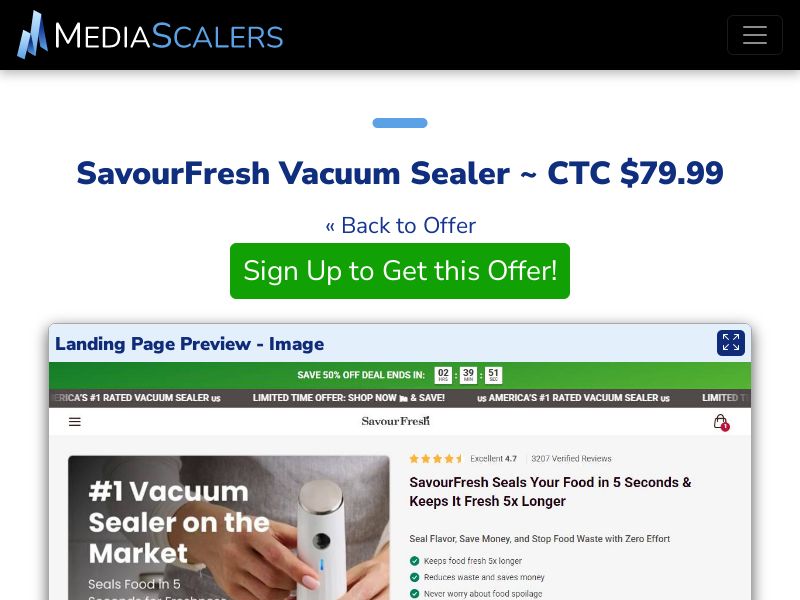 SavourFresh Vacuum Sealer ~ CTC $79.99 {+Advertorial, DTC, Alt-Landers} [US, DE, CA, AU, UK, FR, IL, +232 More]