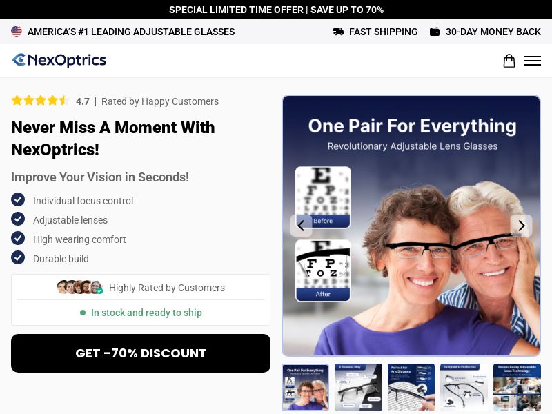 NexOptrics Adjustable Glasses - Product Page [INTL] (Social,Banner,Native,Push,SEO,Search,Brand Bidding) - CPA