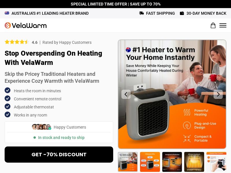 VelaWarm Heater - DTC [AU] (Social,Banner,Native,Push,SEO,Search,Brand Bidding) - CPA 