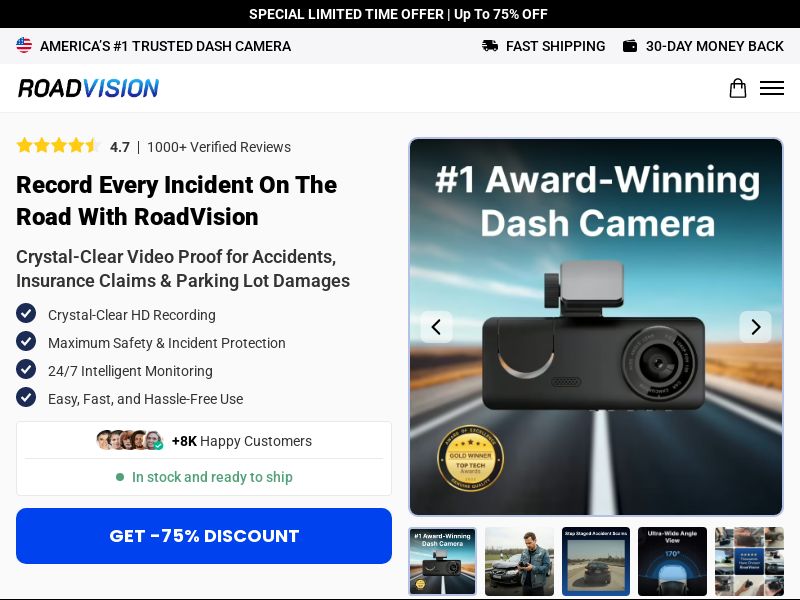 RoadVision Dash Cam - Product Page [INTL] (Social,Banner,Native,Push,SEO,Search,Brand Bidding) - CPA
