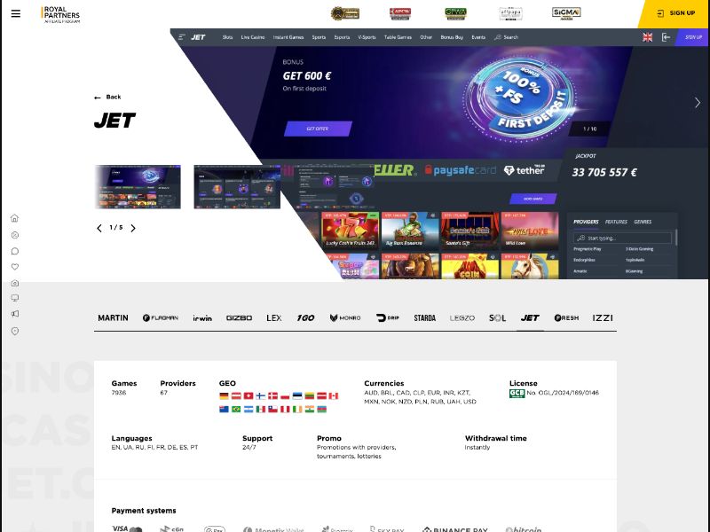 JET Casino - CPA Up To 700 EUR, RevShare Up To 60% - PT, PL, DE, BR, CA