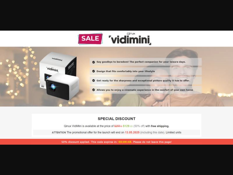 [WEB+MOB] Qinux VidiMini – Mini Portable Projector /International (112 GEOs) CPS *FB/TT/Google/Taboola Pixel* [Approval Required]