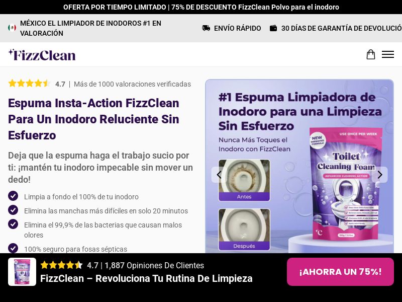 FizzClean Toilet Cleaning Foam [LATAM] (Social,Banner,Native,Push,SEO,Search,Brand Bidding) - CPA