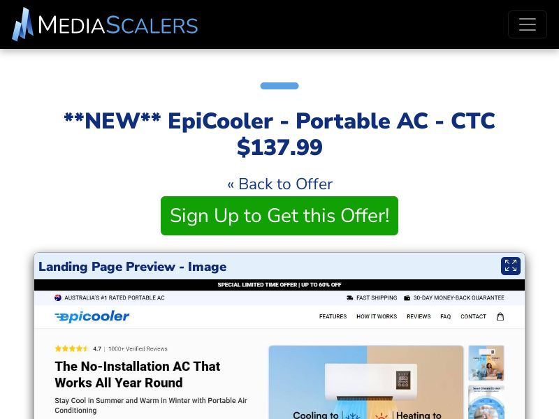 EpiCooler - Portable AC - CTC $137.99 {+Advertorial, DTC, Alt-Landers} (Event Tracking) [US, DE, CA, AU, UK, FR, IL, +232 More]