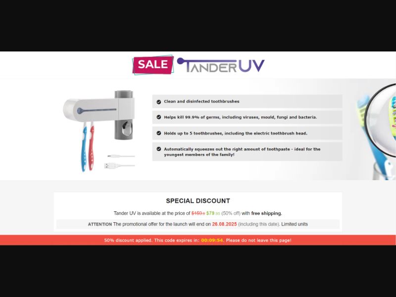 [WEB+MOB] Tander UV – Toothbrush Holder and Sterilizer /International (112 GEOs) CPS *FB/TT/Google/Taboola Pixel* [Approval Required]