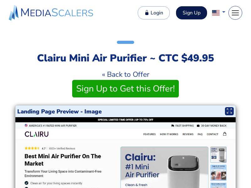 Clairu Mini Air Purifier ~ CTC $49.95 {+Advertorial, DTC, Alt-Landers} (Event Tracking) [US, DE, CA, AU, UK, FR, IL, +232 More]