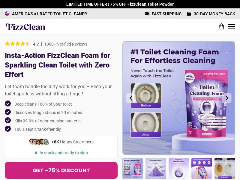 ! HOT - FizzClean Toilet Cleaning Foam - Product Page [INTL] (Social,Banner,Native,Push,SEO,Search,Brand Bidding) - CPA
