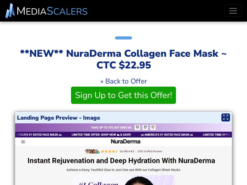 NuraDerma Collagen Face Mask ~ CTC $22.95 {+Advertorial, DTC, Multi-Lang, Alt-Landers} [US, DE, CA, AU, UK, FR, IL, +232 More]