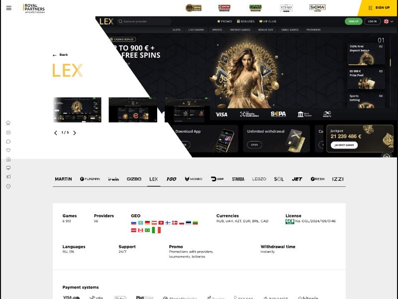 LEX Casino - CPA Up To 700 EUR, RevShare Up To 60% - PT, PL, DE, BR, CA