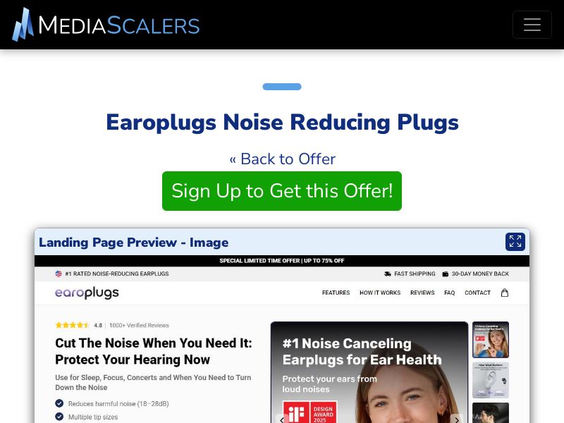 Earoplugs Noise Reducing Plugs {+Advertorial, DTC, Alt-Landers} [US, DE, CA, AU, UK, FR, IL, +232 More]