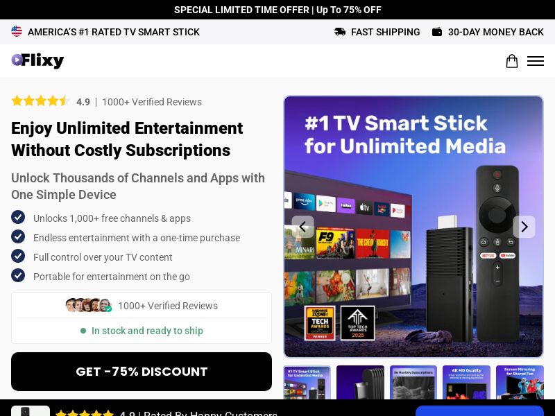 Flixy TV Smart Stick - Product Page [INTL] (Social,Banner,Native,Push,SEO,Search,Brand Bidding) - CPA