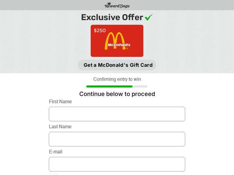 RewardZinga $250 McDonalds GC - (Google) - US