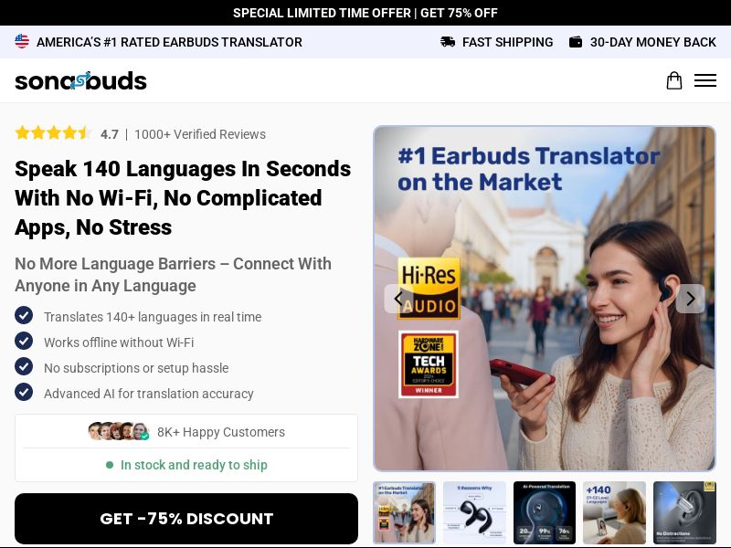 ! NEW OFFER - SonaBuds Translating Earbuds - Product Page [INTL] (Social,Banner,Native,Push,SEO,Search,Brand Bidding) - CPA