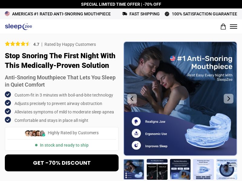 Sleepzee Anti Snoring - DTC [US,UK,AU,NZ,CA] (Social,Banner,Native,Push,SEO,Search,Brand Bidding) - CPA 