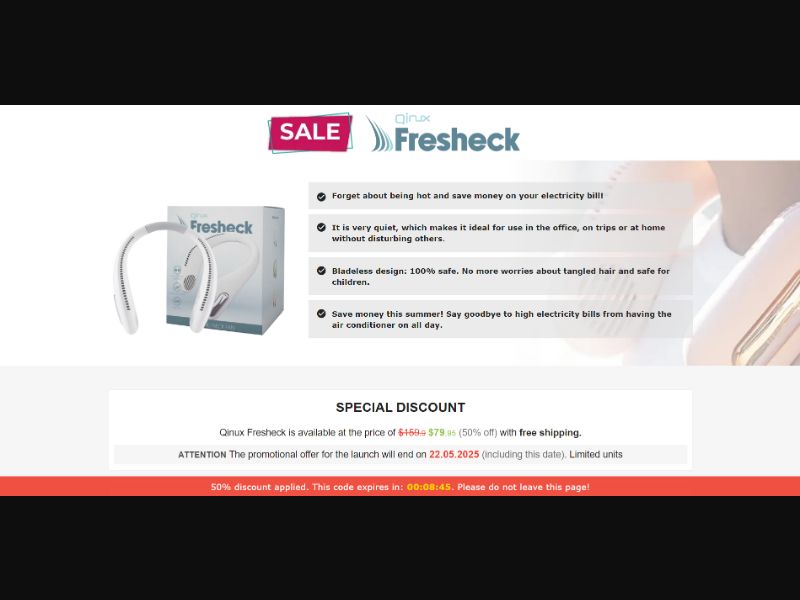 [WEB+MOB] Qinux Fresheck – Neck Air Fan /International (112 GEOs) CPS *FB/TT/Google/Taboola Pixel* [Approval Required]