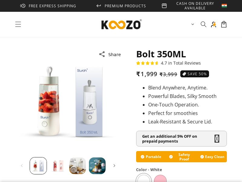 Bolt Portable Blender by Slursh CPA - India**