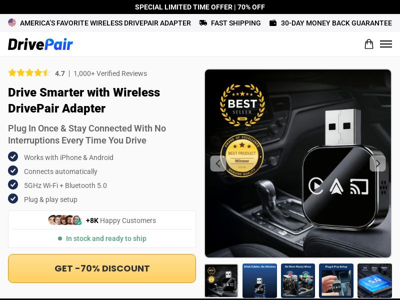 ! NEW OFFER - DrivePair Wireless CarPlay - Product Page [INTL] (Social,Banner,Native,Push,SEO,Search,Brand Bidding) - CPA
