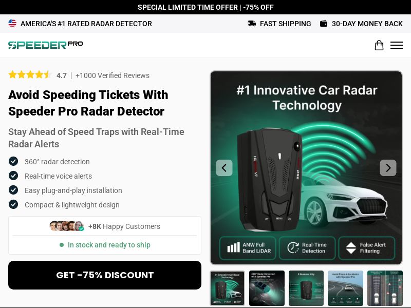 ! NEW OFFER - SpeederPro Radar Detector - Product Page [INTL] (Social,Banner,Native,Push,SEO,Search,Brand Bidding) - CPA