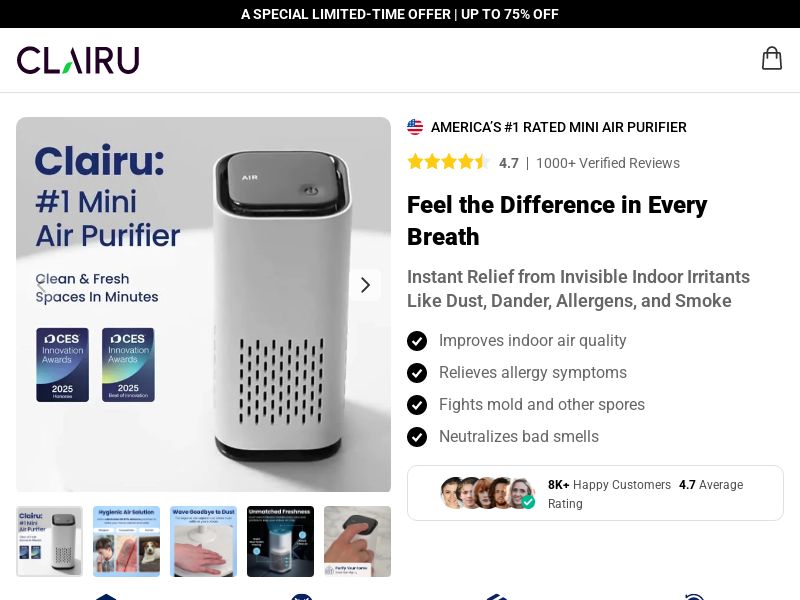 ! NEW OFFER - Clairu Mini Air Purifier - DTC [INTL] (Social,Banner,Native,Push,SEO,Search,Brand Bidding) - CPA 