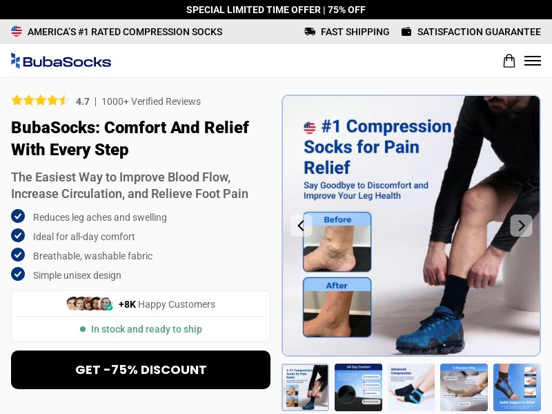 BubaSocks Short Compression Socks - Product Page [INTL] (Social,Banner,Native,Push,SEO,Search,Brand Bidding) - CPA