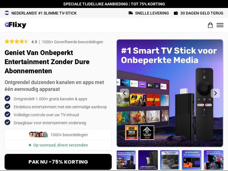 Flixy TV Smart Stick - DTC [NL,BE] (Social,Banner,Native,Push,SEO,Search,Brand Bidding) - CPA