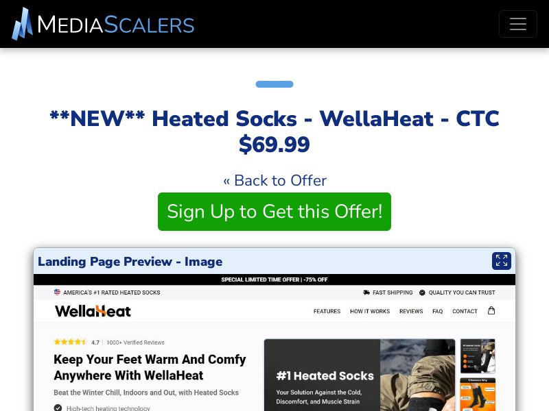 Heated Socks - WellaHeat - CTC $69.99 {+Advertorial, DTC, Alt-Landers} [US, DE, CA, AU, UK, FR, IL, +232 More]