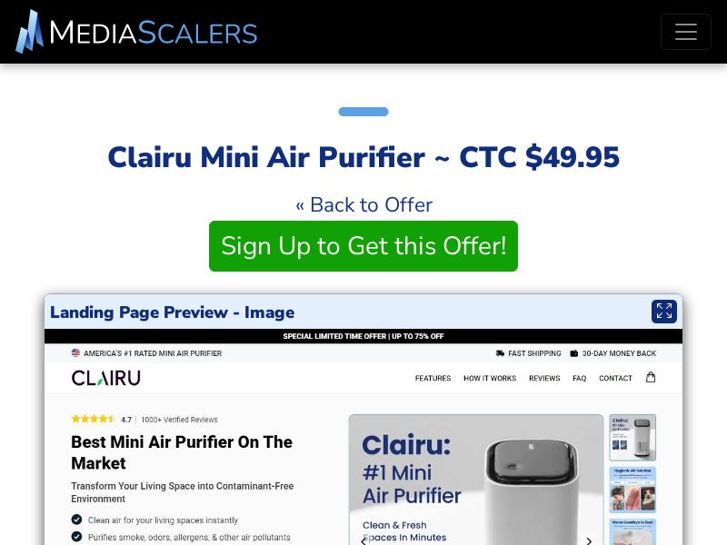 Clairu Mini Air Purifier ~ CTC $49.95 {+Advertorial, DTC, Alt-Landers} [US, DE, CA, AU, UK, FR, IL, +232 More]