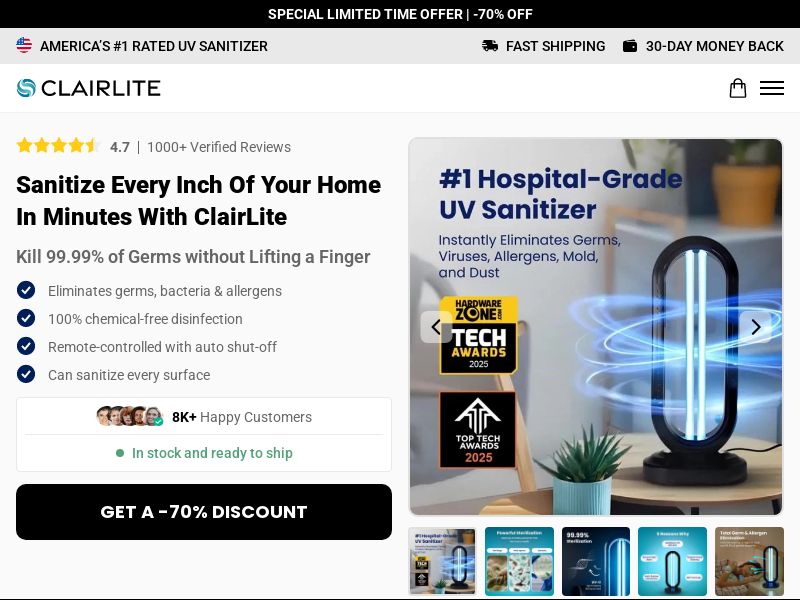 ! NEW OFFER - Clairlite UV Sanitizer - Product Page [INTL] (Social,Banner,Native,Push,SEO,Search,Brand Bidding) - CPA