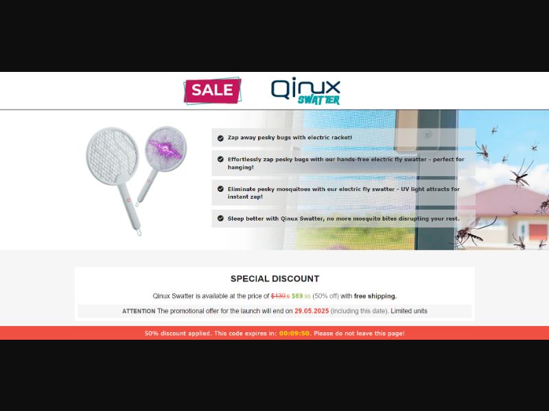 [WEB+MOB] Qinux Swatter – Anti-Mosquitoes Hanging Racket /International (112 GEOs) CPS *FB/TT/Google/Taboola Pixel* [Approval Required]
